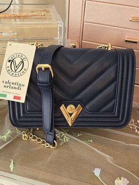 Valentino Orlandi Natasha Quilted Navy Crossbody with Gold Hardware